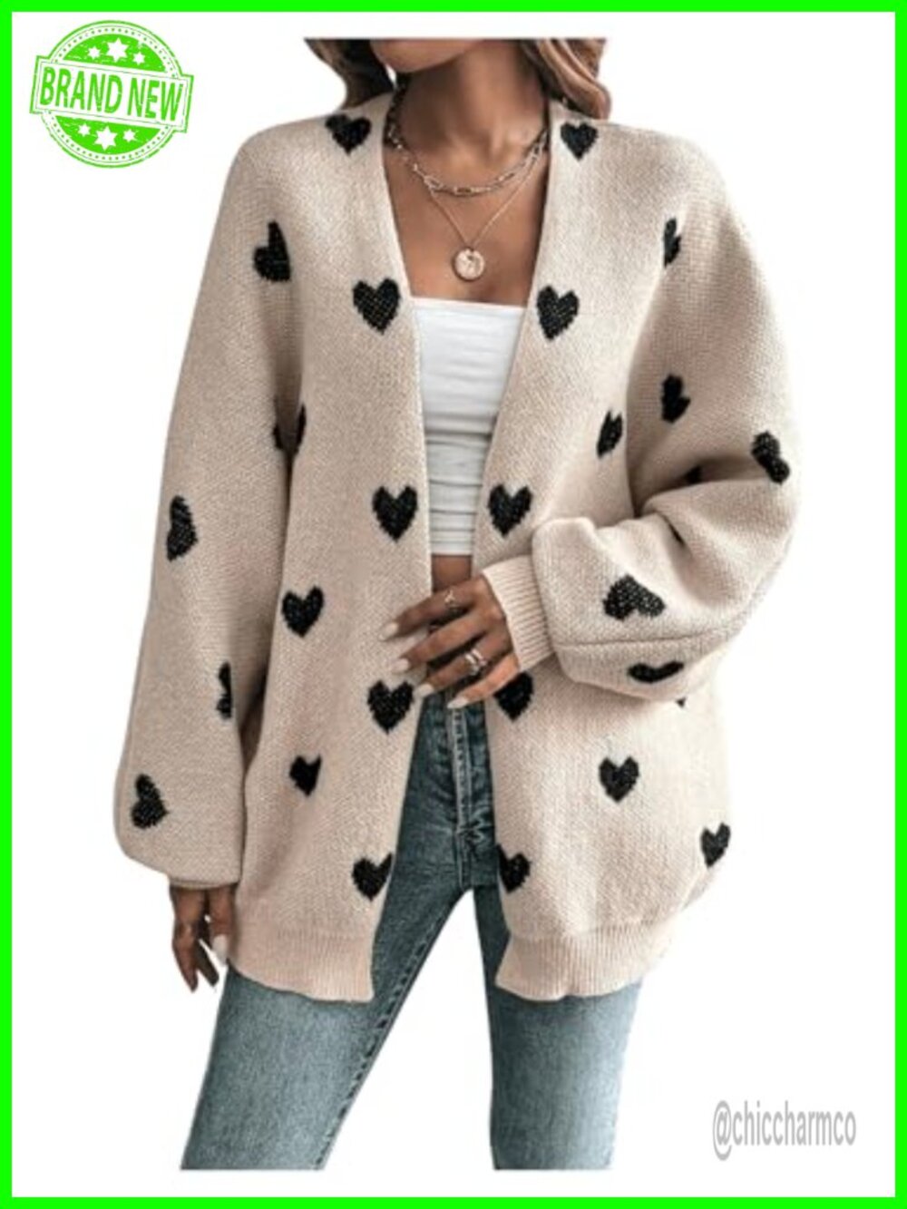 Women's Heart Cardigan Sweater Open Front Knit Long Sleeve Loose Fit Fall